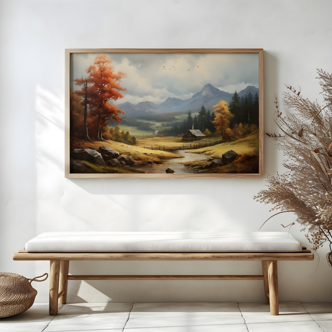 Autumn Mountain Valley Cabin Stream Fall Foliage Scene Poster - Image 3