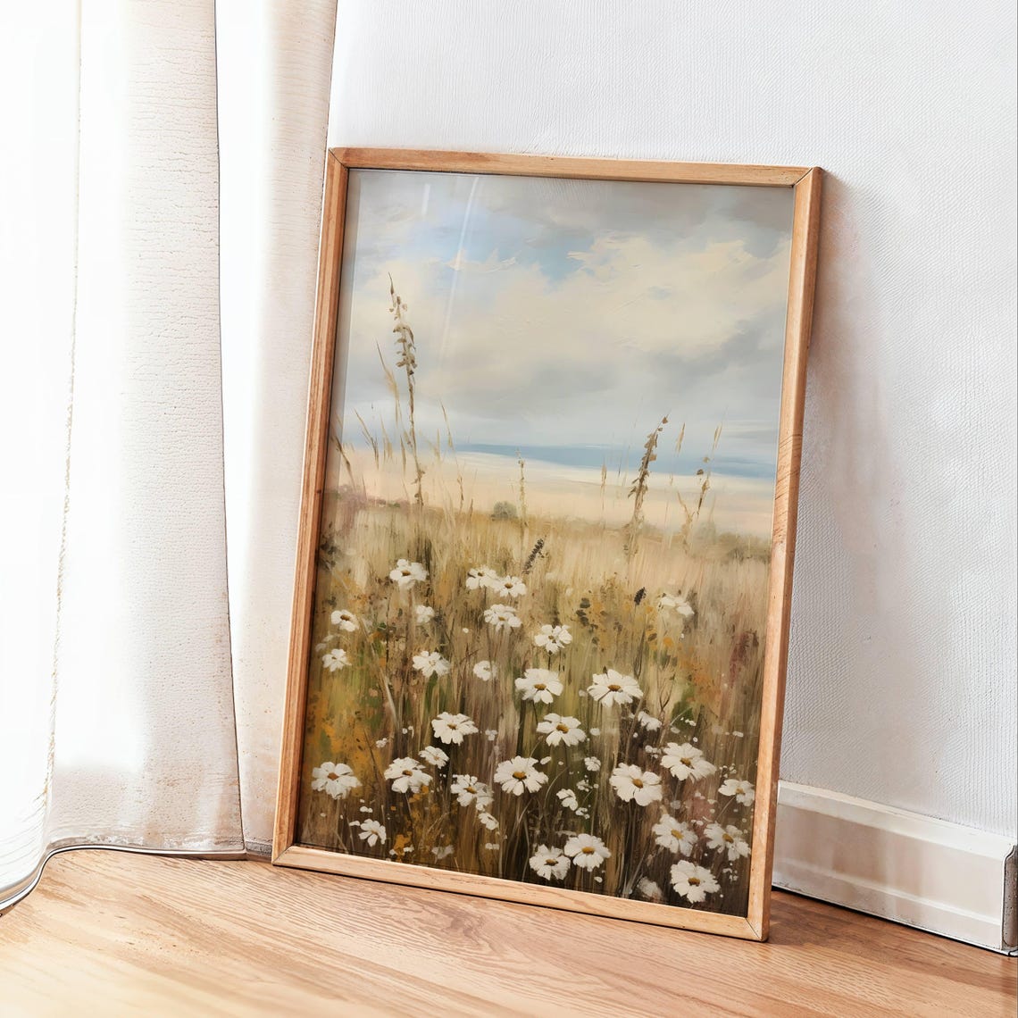 White Daisy Wildflower Meadow Pastel Sunset Sky Vintage Wall Art - Image 3