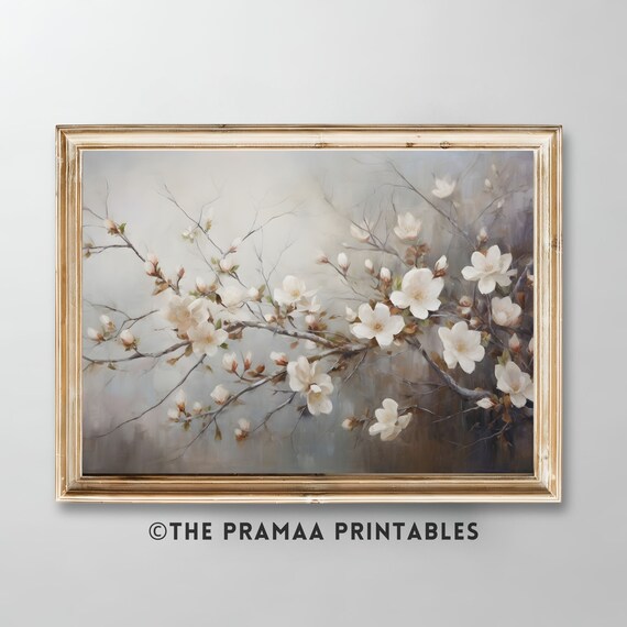 White Cherry Blossom Branch Delicate Spring Floral Painting Poster