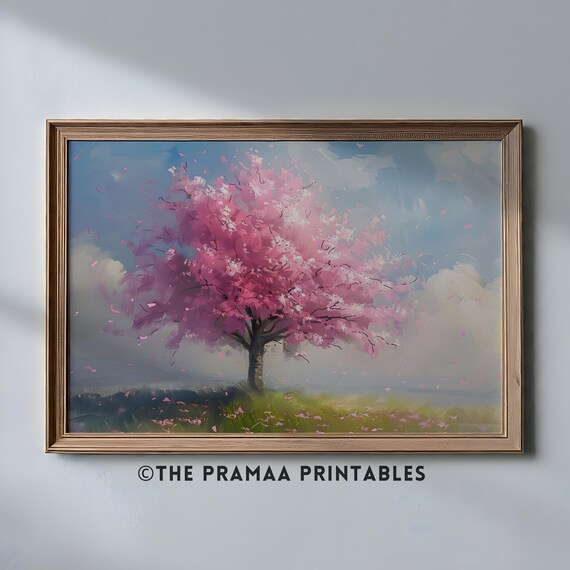 Pink Cherry Blossom Tree Falling Petals Impressionist Painting Wall Art