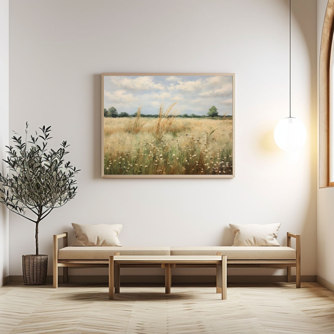 Golden Wheat Field Under Cloudy Sky Vintage Landscape Poster - Image 3
