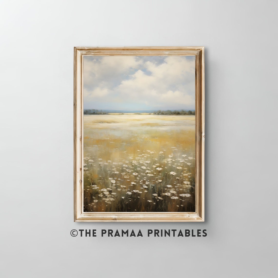 Golden Wildflower Field Under Cloudy Sky Vintage Landscape Poster