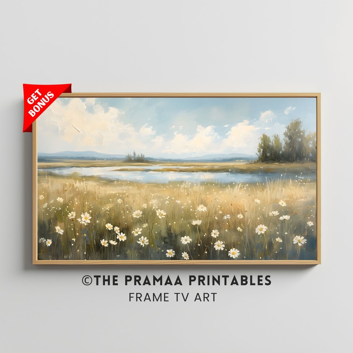 Daisy Meadow by the Lake Vintage Spring Wildflower Landscape Poster