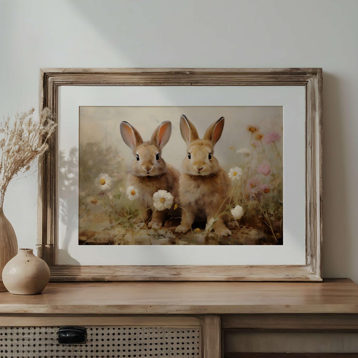 Pair of Rabbits Among Daisies Vintage Bunny Animal Portrait Poster - Image 3