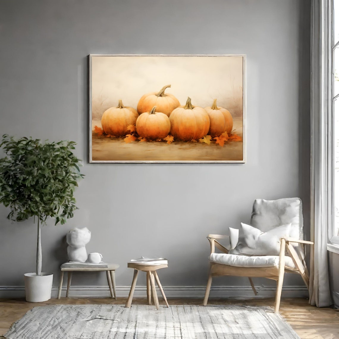 Six Pumpkins with Fall Leaves Rustic Harvest Still Life Poster - Image 3