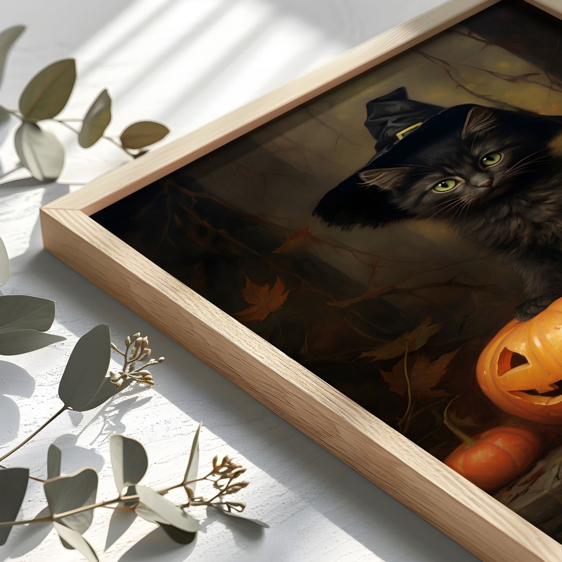 Black Kitten in Witch Hat with Jack O Lantern Halloween Poster - Image 2