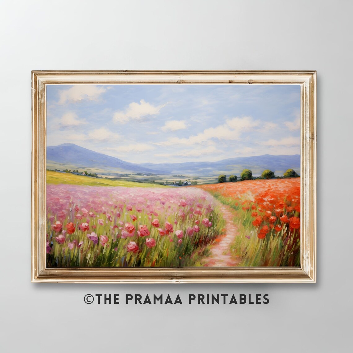 Antique Wildflower Field Oil Painting Vintage Landscape Spring Wall Art Country Cottage Print Farmhouse Decor