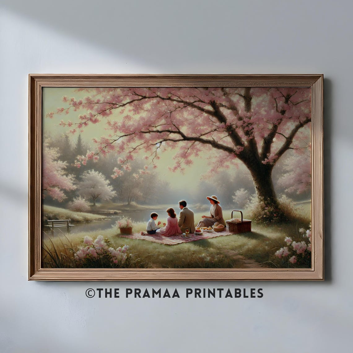 Family Picnic Under Cherry Blossoms Vintage Spring Painting Poster
