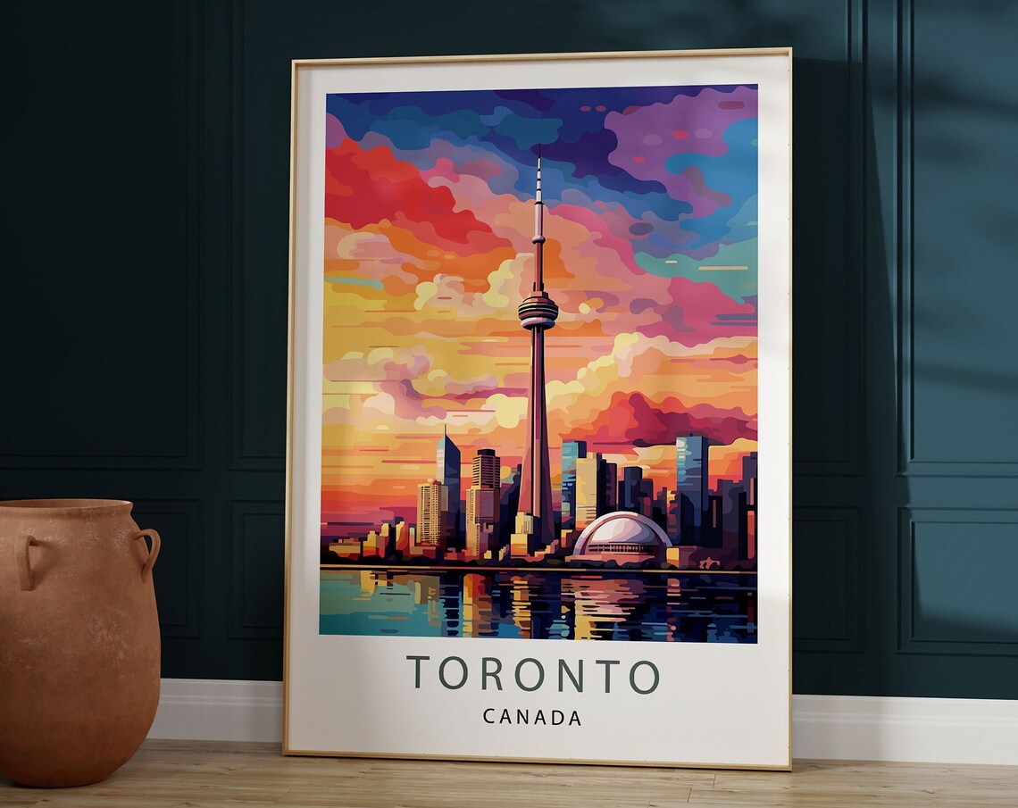 Toronto Canada Poster of the CN Tower Skyline at Sunset Over the Lake