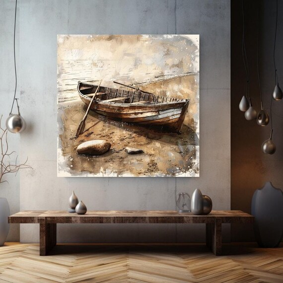 Old Rustic Wooden Rowboat Shore Sepia Watercolor Vintage Coastal Art Print