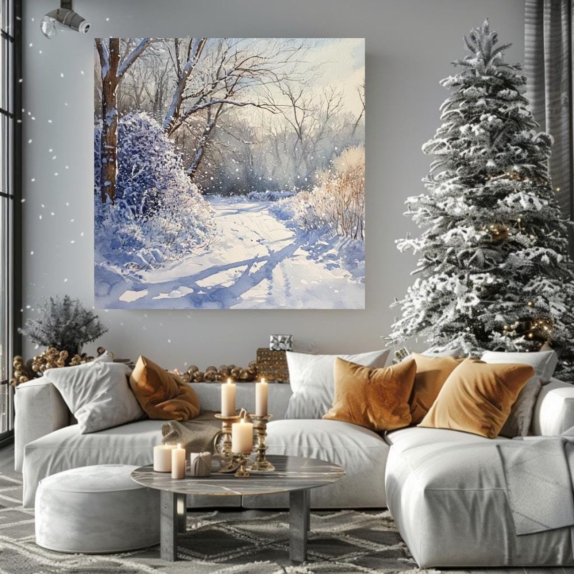 Snowy Winter Forest Path Watercolor Blue Shadows Nature Poster