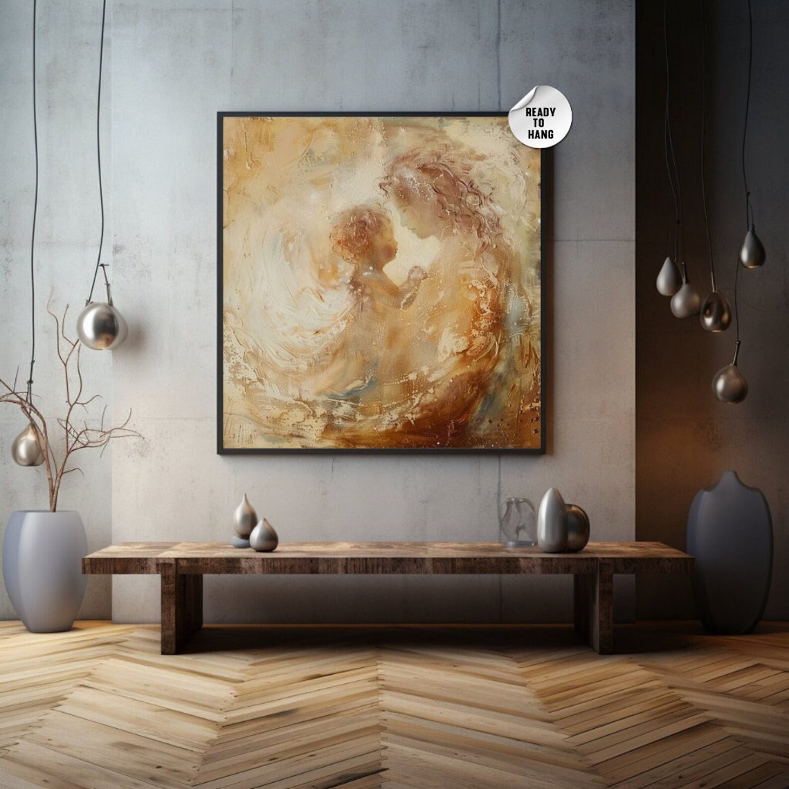 Mother and Baby Ethereal Embrace Painting Warm Gold Nursery Wall Print