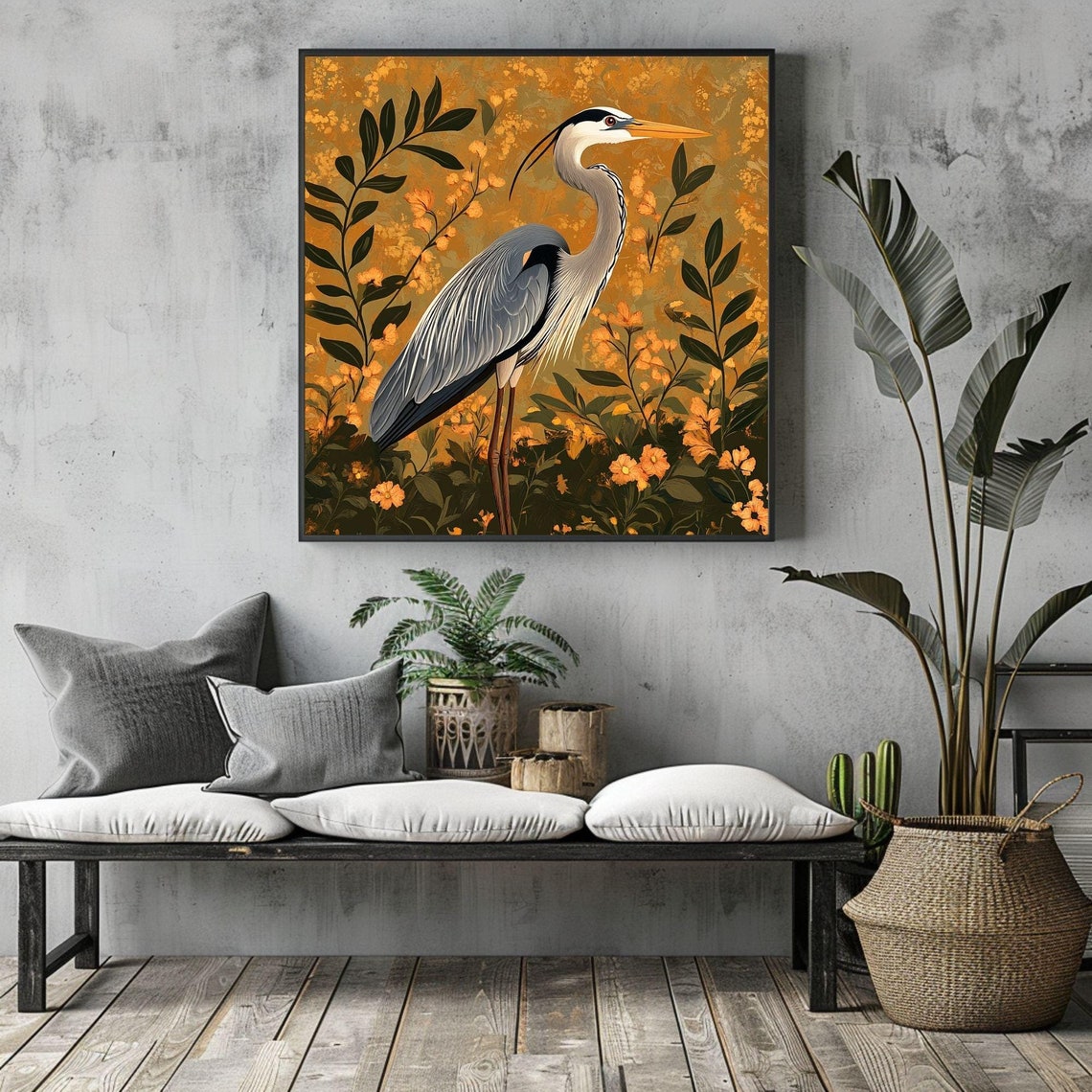 Elegant Heron Golden Blossoms Morris Style Vintage Bird Art Print