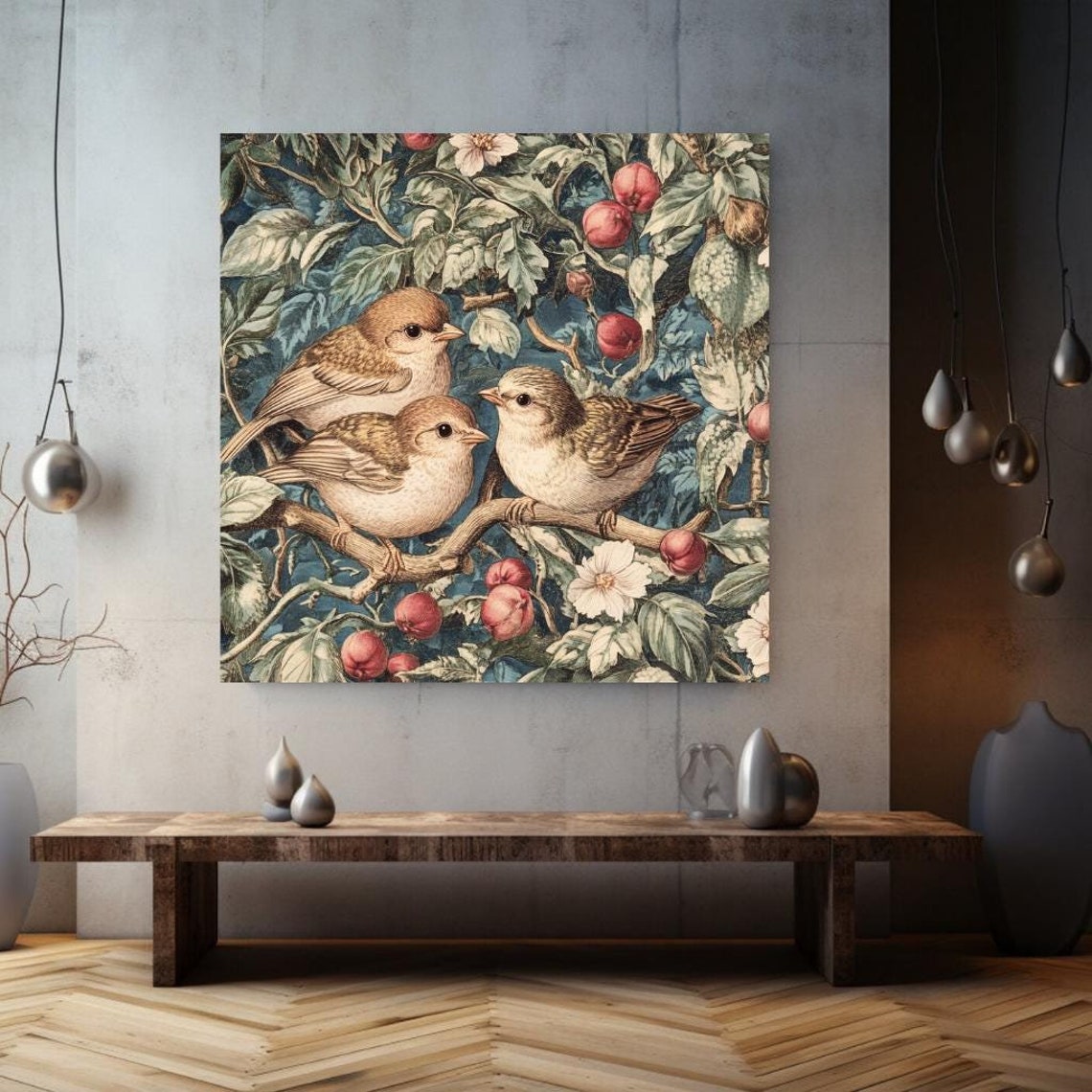 Three Birds On Apple Branch Vintage Botanical Bird Illustration Poster