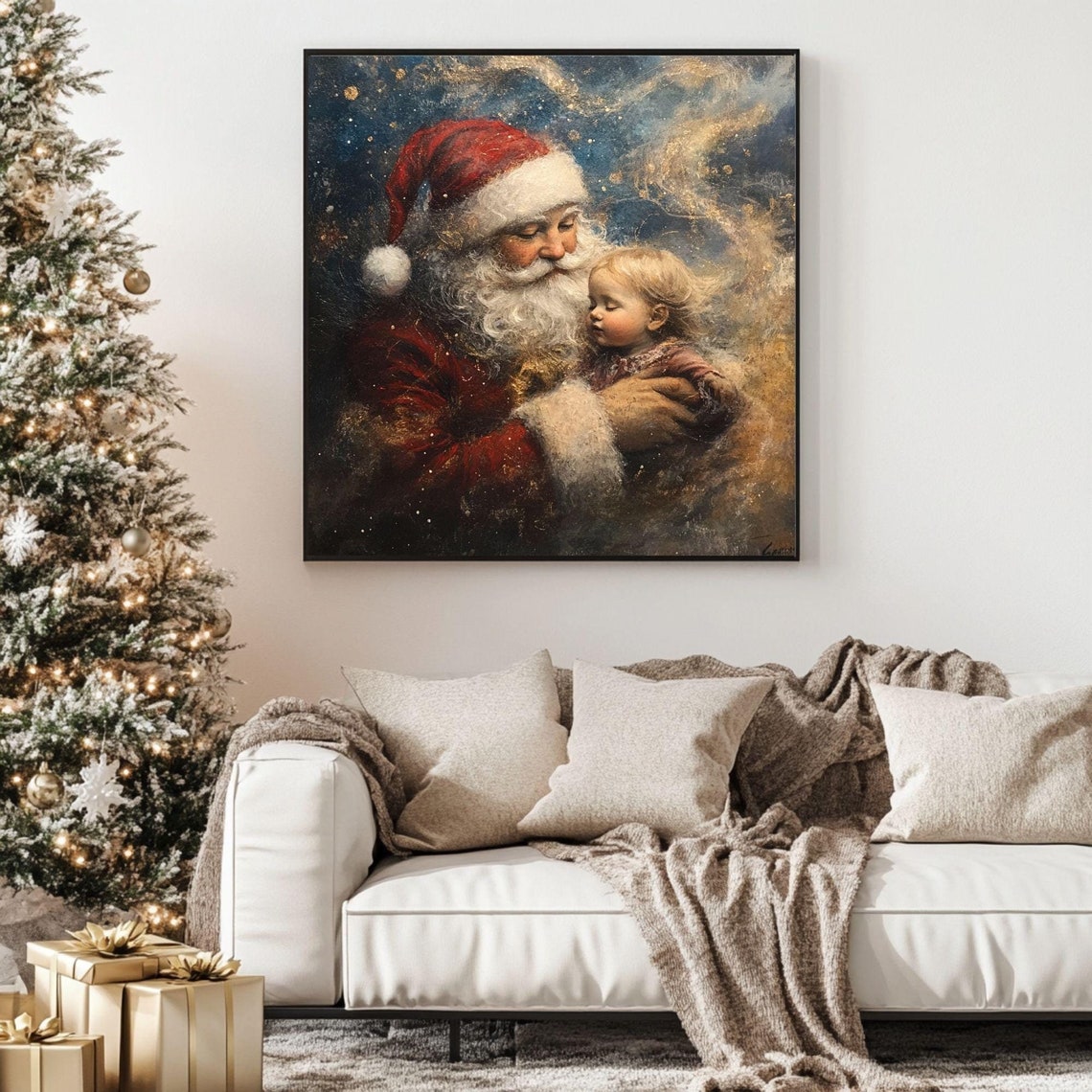 Santa Claus Holding Sleeping Child Magical Christmas Eve Night Poster
