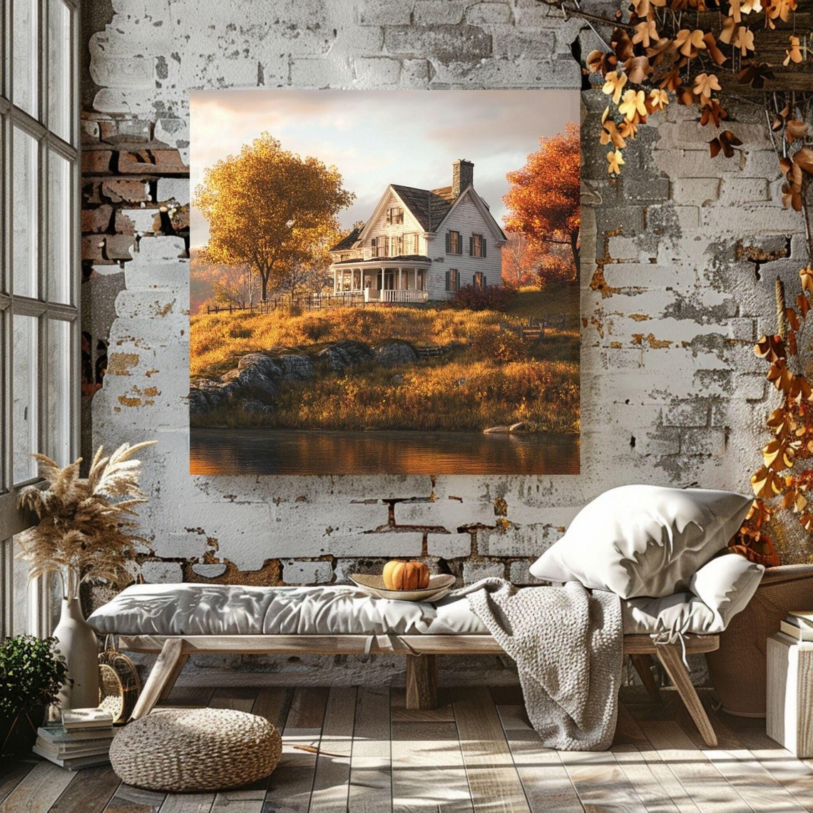 White Farmhouse On Autumn Hillside Golden Trees Lake View Fall Poster