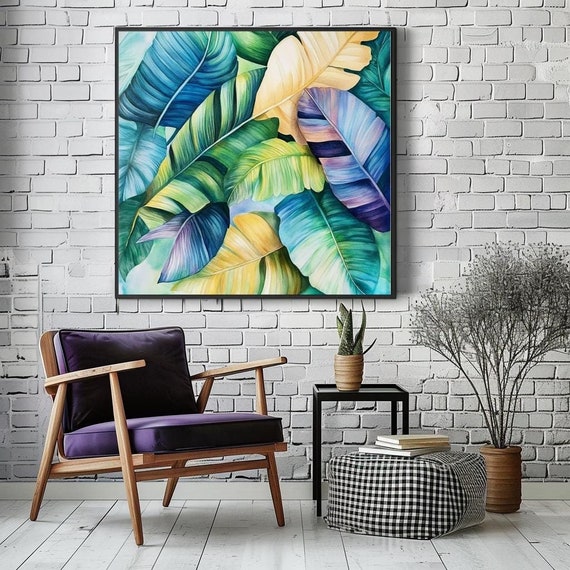 Green Tropical Leaves Coastal Wall Art Above Bed Art Black Framed Wall Art Beachy Wall Art Botanical Art Green Wall Decor