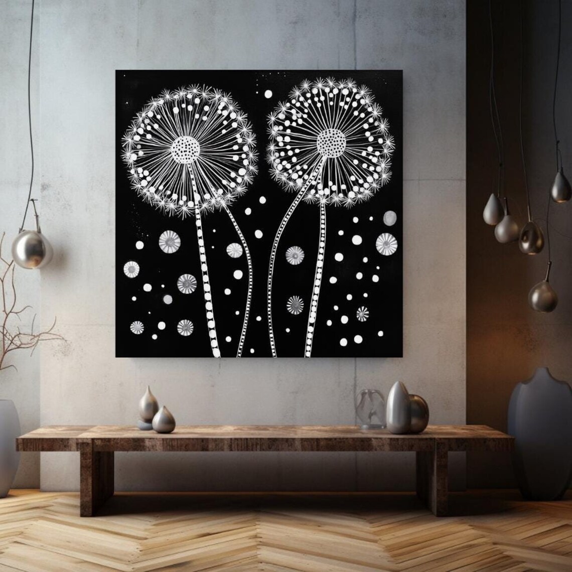Monochrome White Dandelions Seed Heads Black Background Botanical Poster