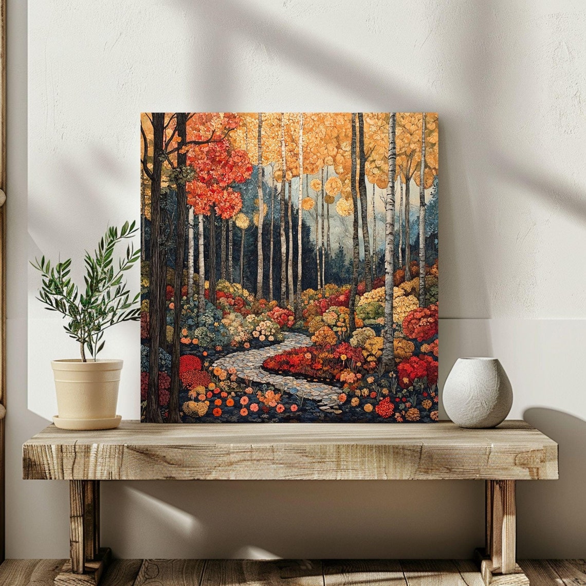 Autumn Birch Forest Golden Canopy Stone Path Woodland Art Print