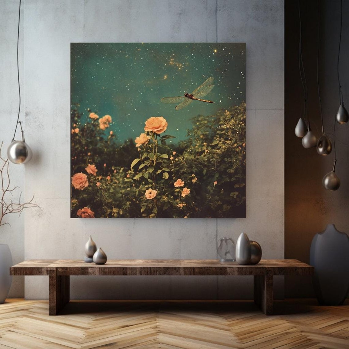 Vintage Night Garden Roses Dragonfly Starry Teal Sky Floral Poster