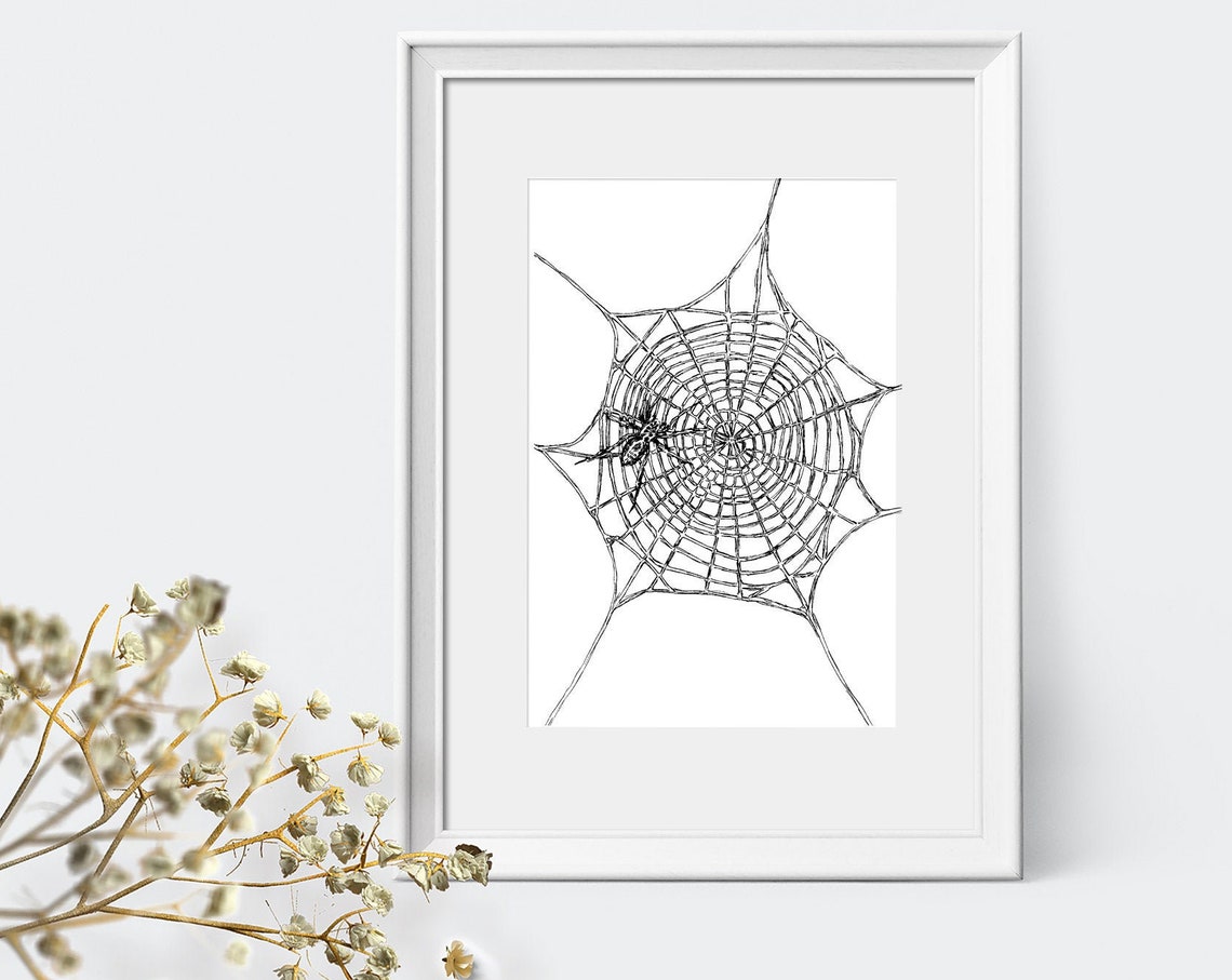 Spider Web Cobweb Ink Drawing Halloween Spooky Decor Wall Art