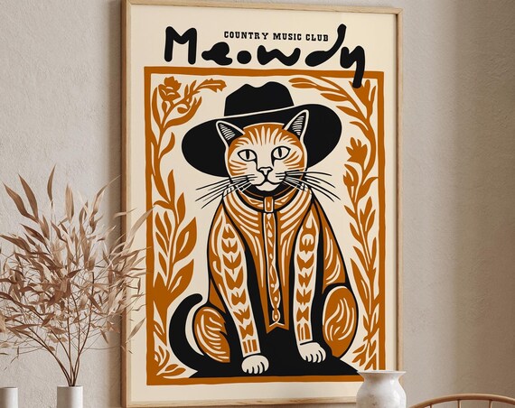Meowdy Country Music Club Orange Cat in Cowboy Hat Funny Poster