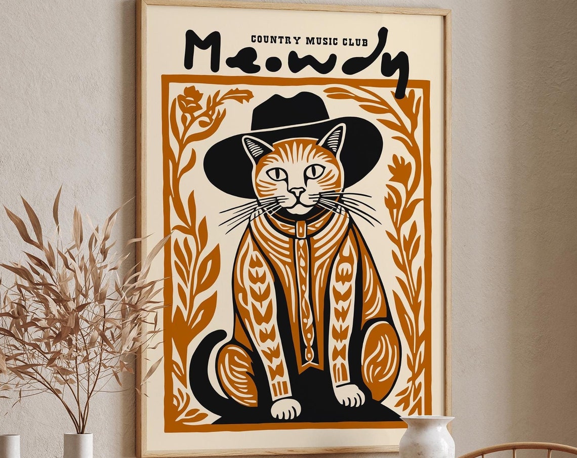 Country Cat Cowboy Poster Meowdy Country Music Club Art Print Rustic Western Decor Cat Lovers Gift Country Music Fan Gift Airbnb Decor