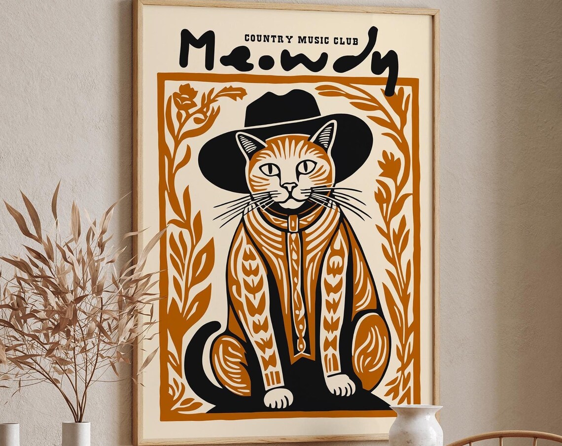 Meowdy Country Music Club Orange Cat in Cowboy Hat Funny Poster