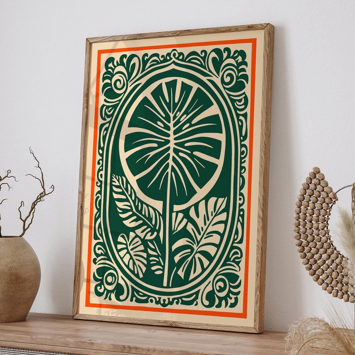 Green Monstera Leaf Design in Orange Border Botanical Poster - Image 6
