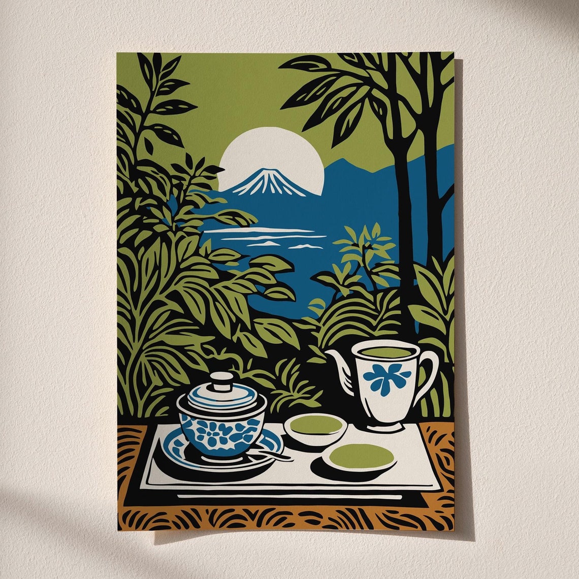 Matcha Tea Set with Mount Fuji Moon Lake Japanese Zen Scene Poster