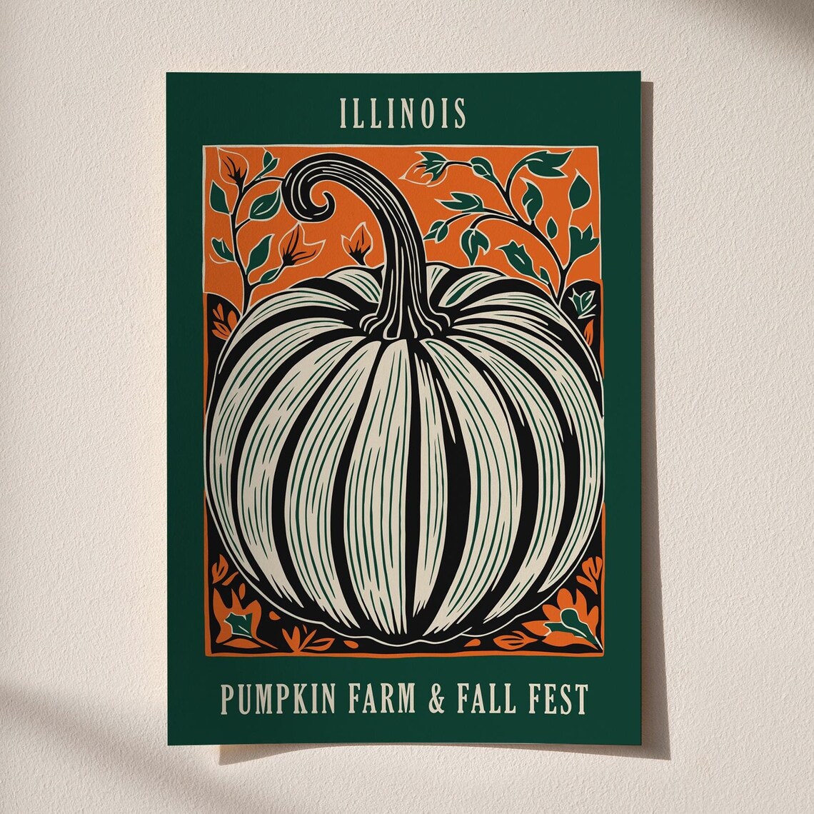 Illinois Pumpkin Farm Fall Fest Harvest Linocut Style Poster - Image 5