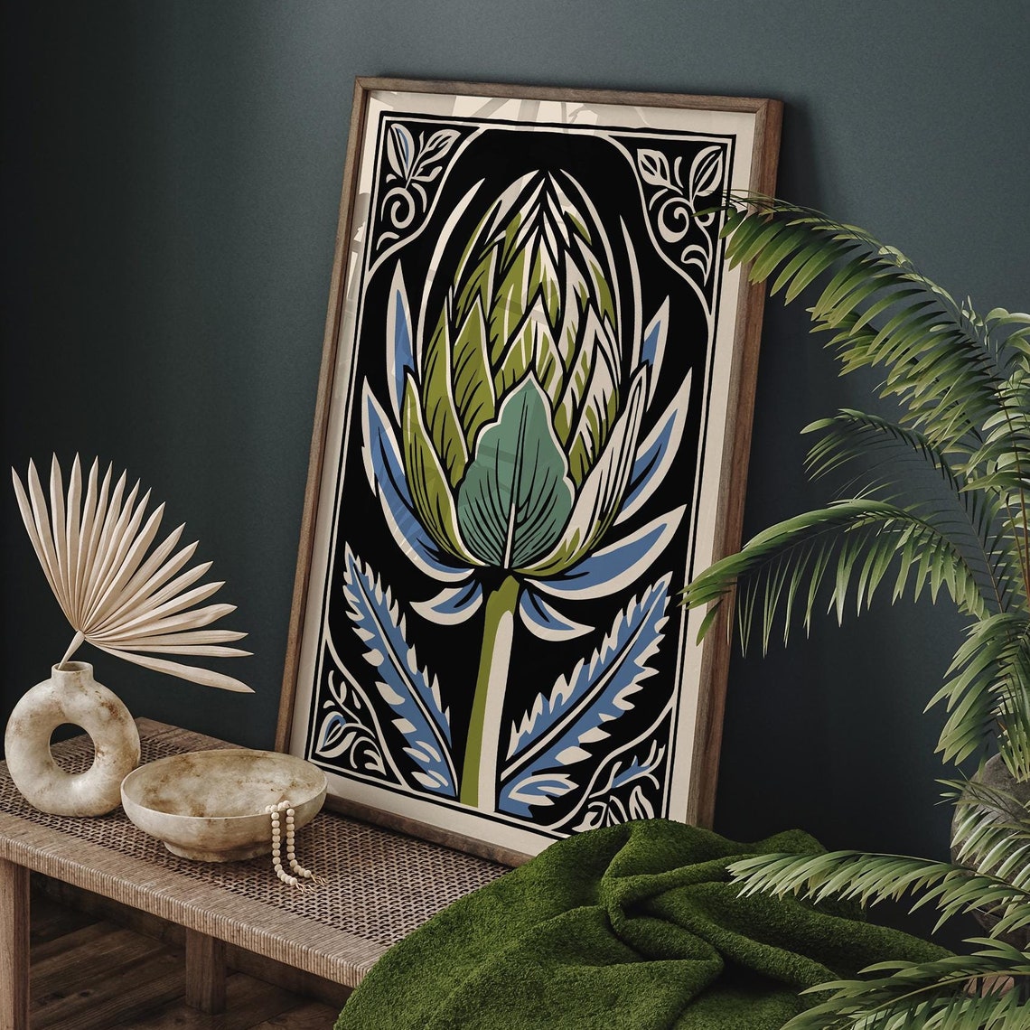 Green Artichoke Linocut on Black With Blue Leaves Kitchen Poster - Image 6