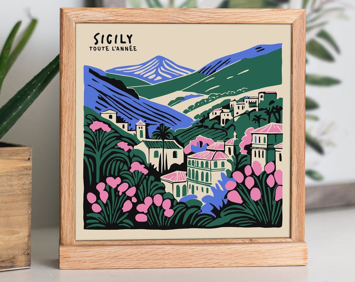 Sicily Toute l'Année Mount Etna Village View Retro Travel Poster