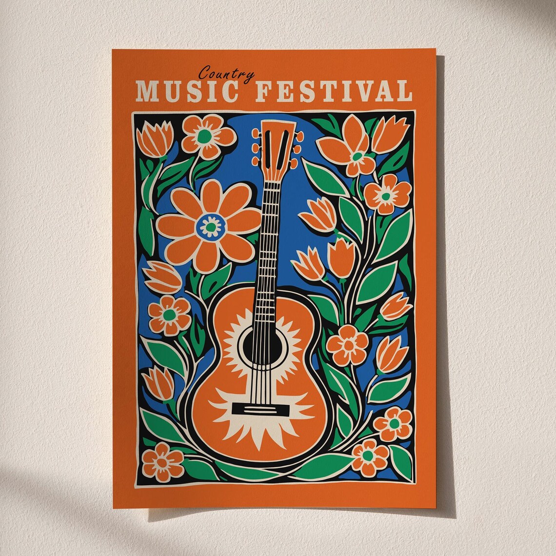 Country Music Festival Orange and Blue Floral Guitar Art Poster