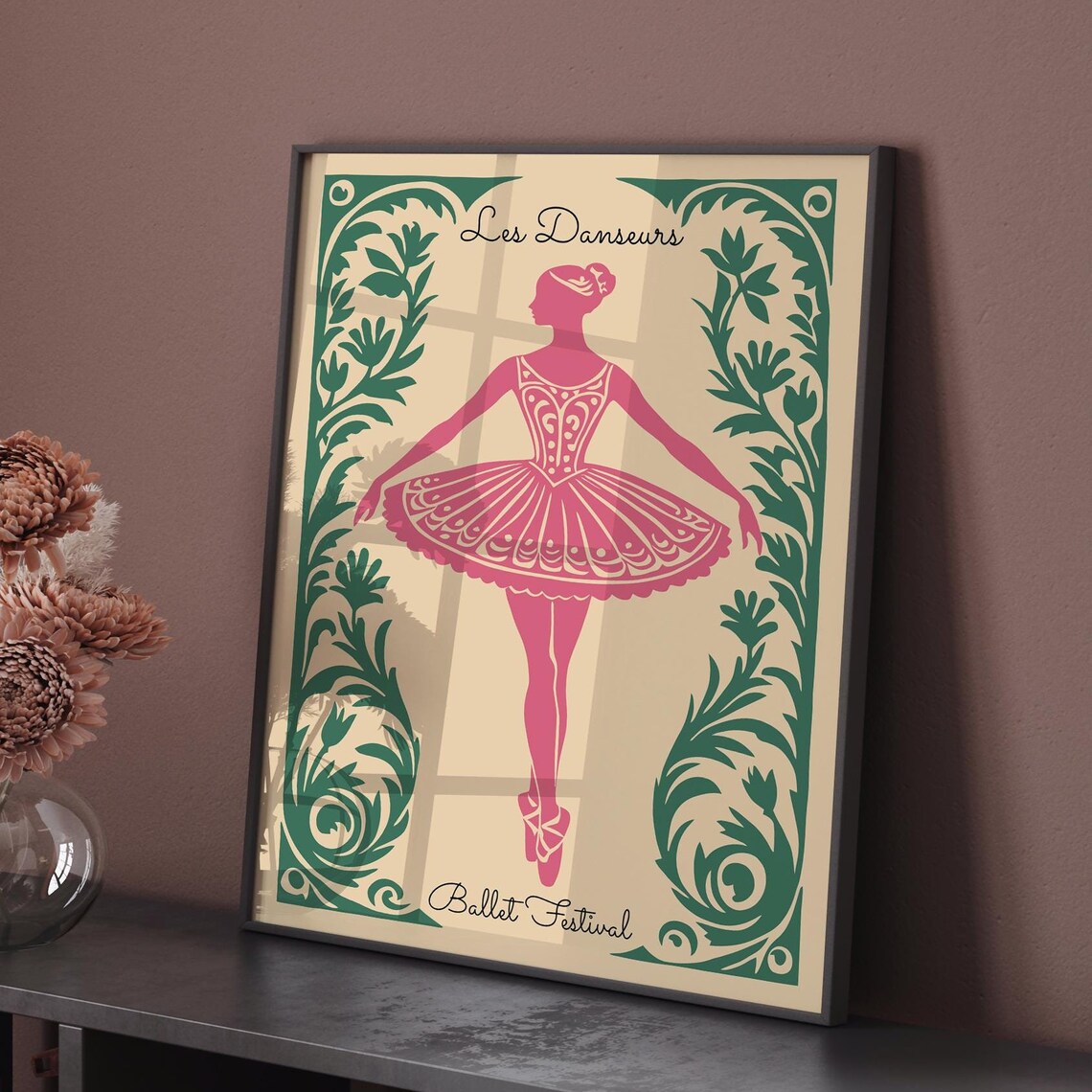 Les Danseurs Ballet Festival Pink Ballerina Green Border Poster
