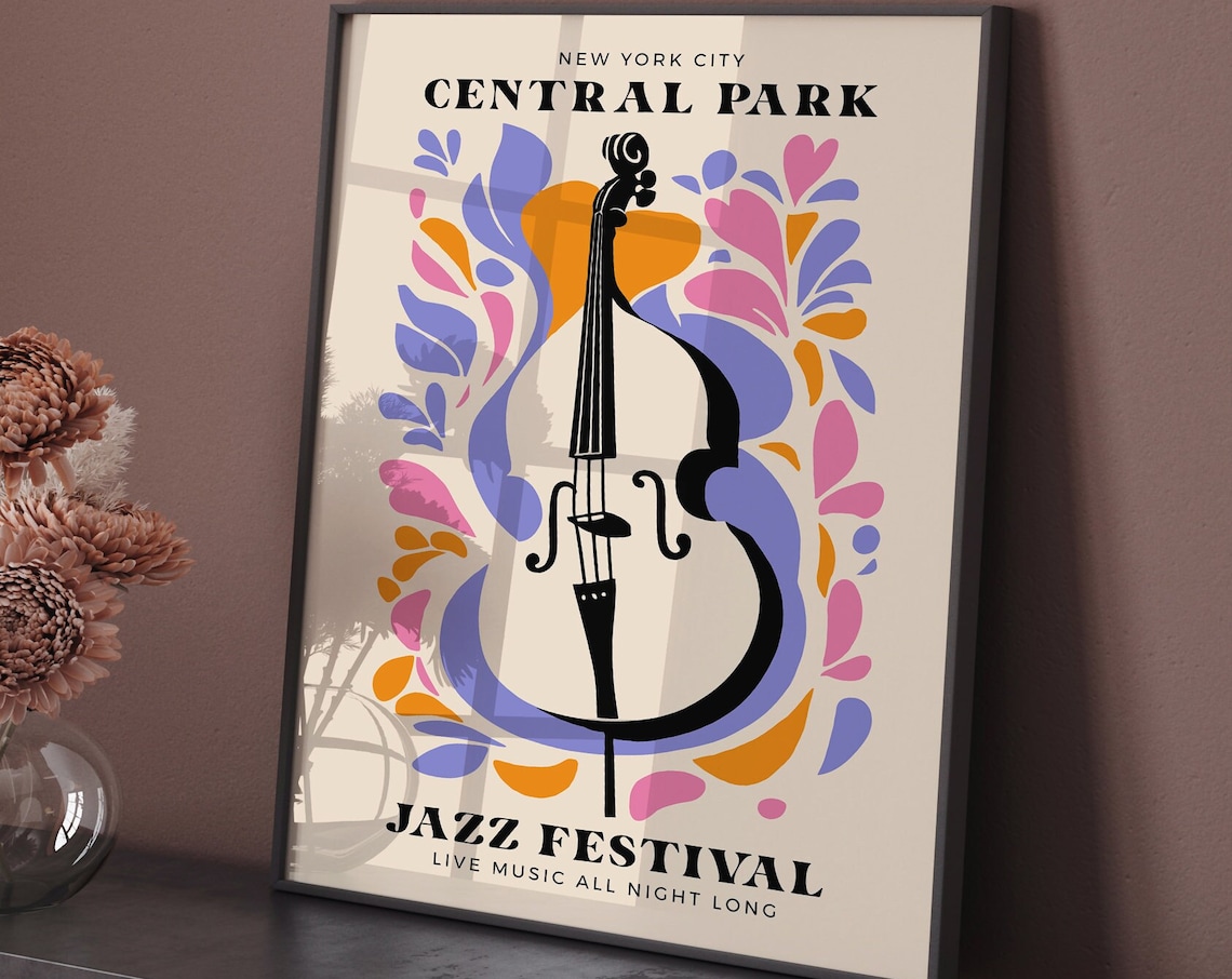Central Park NYC Jazz Festival Double Bass Floral Live Music Poster