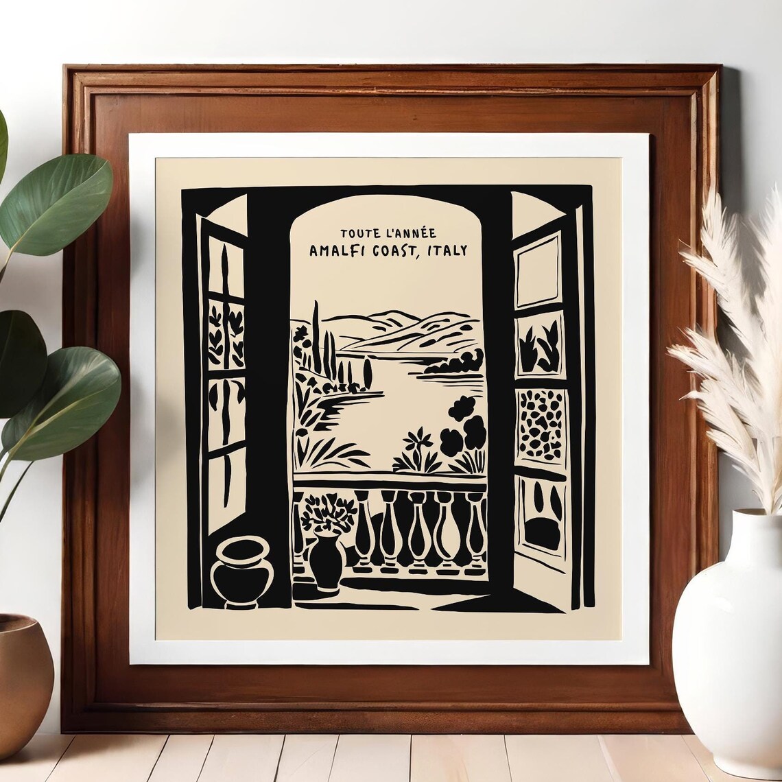 Amalfi Coast Balcony Window View Black Ink Travel Art Poster