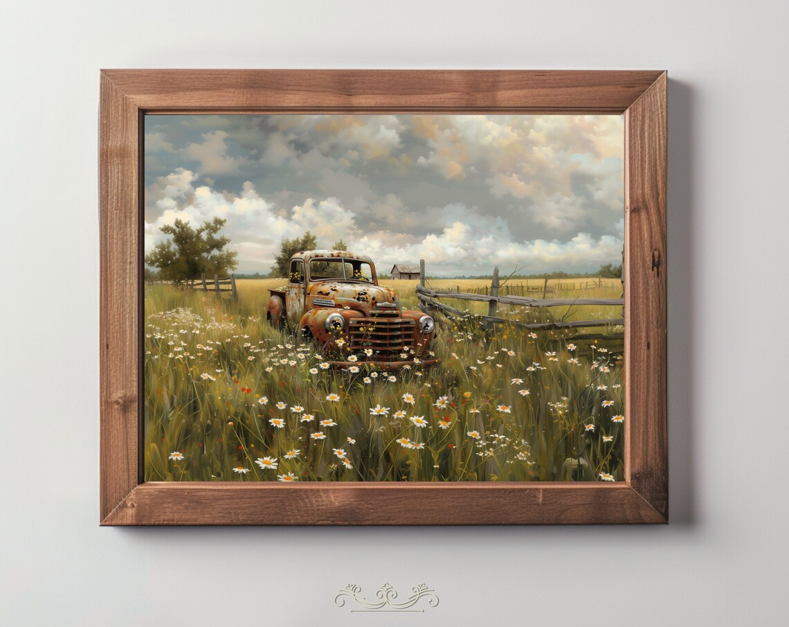 Rusty Vintage Pickup Truck Wildflower Meadow Rustic Country Farm Oil Poster