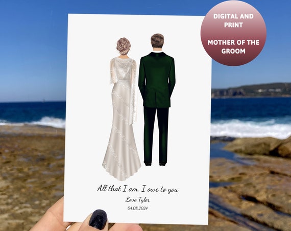 Groom and Mother of the Groom Emerald Suit Back View Wedding Portrait Poster