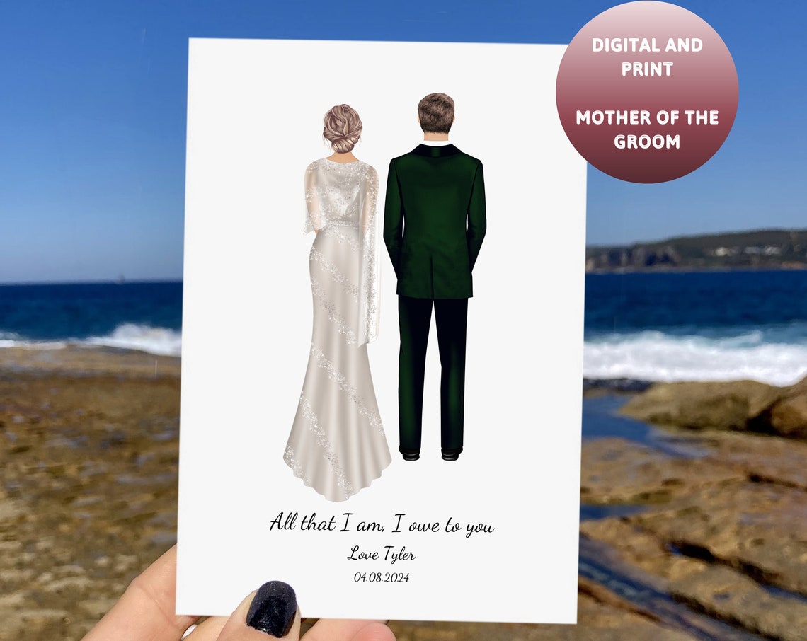 Groom and Mother of the Groom Emerald Suit Back View Wedding Portrait Poster