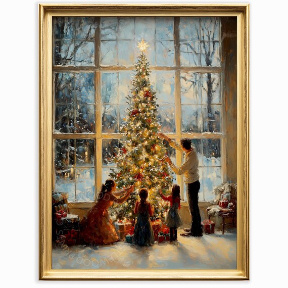 Family Decorating Christmas Tree by Window Vintage Holiday Oil Painting Poster