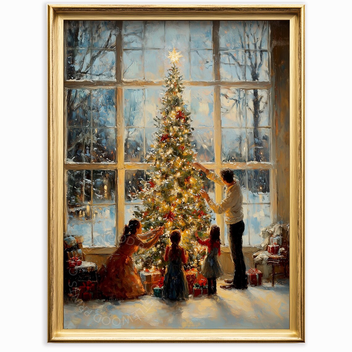 Family Decorating Christmas Tree by Window Vintage Holiday Oil Painting Poster