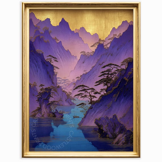 Majestic Mountain Landscape Painting Purple And Gold Abstract Ancient Scenic View Wall Art Ethereal Nature Decor 943