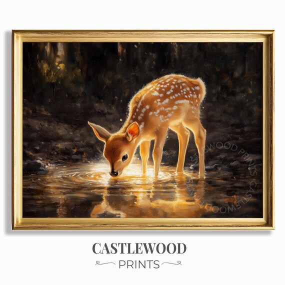 Golden Fawn Drinking Sunlit Stream Wildlife Nursery Oil Painting Poster