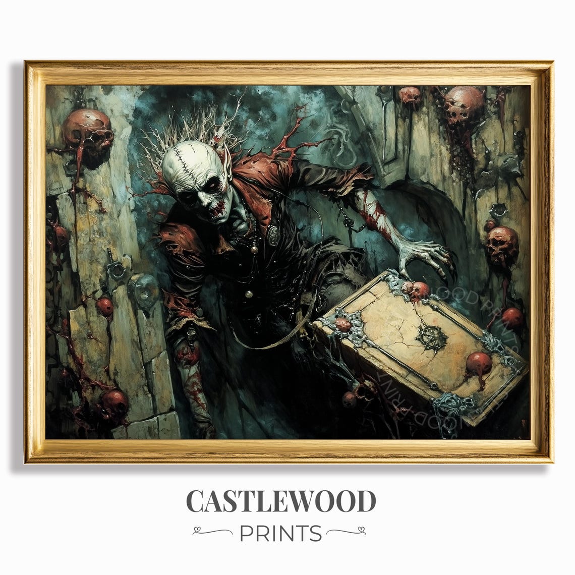 Skeletal Sorcerer With Ancient Spellbook Dark Gothic Horror Wall Art
