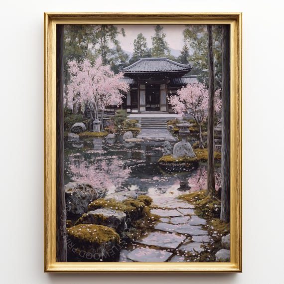 Spring Kyoto Temple Garden Oil Painting Tranquil Scene With Cherry Blossoms Rustic Pathway Wall Art Japanese Landscape 510