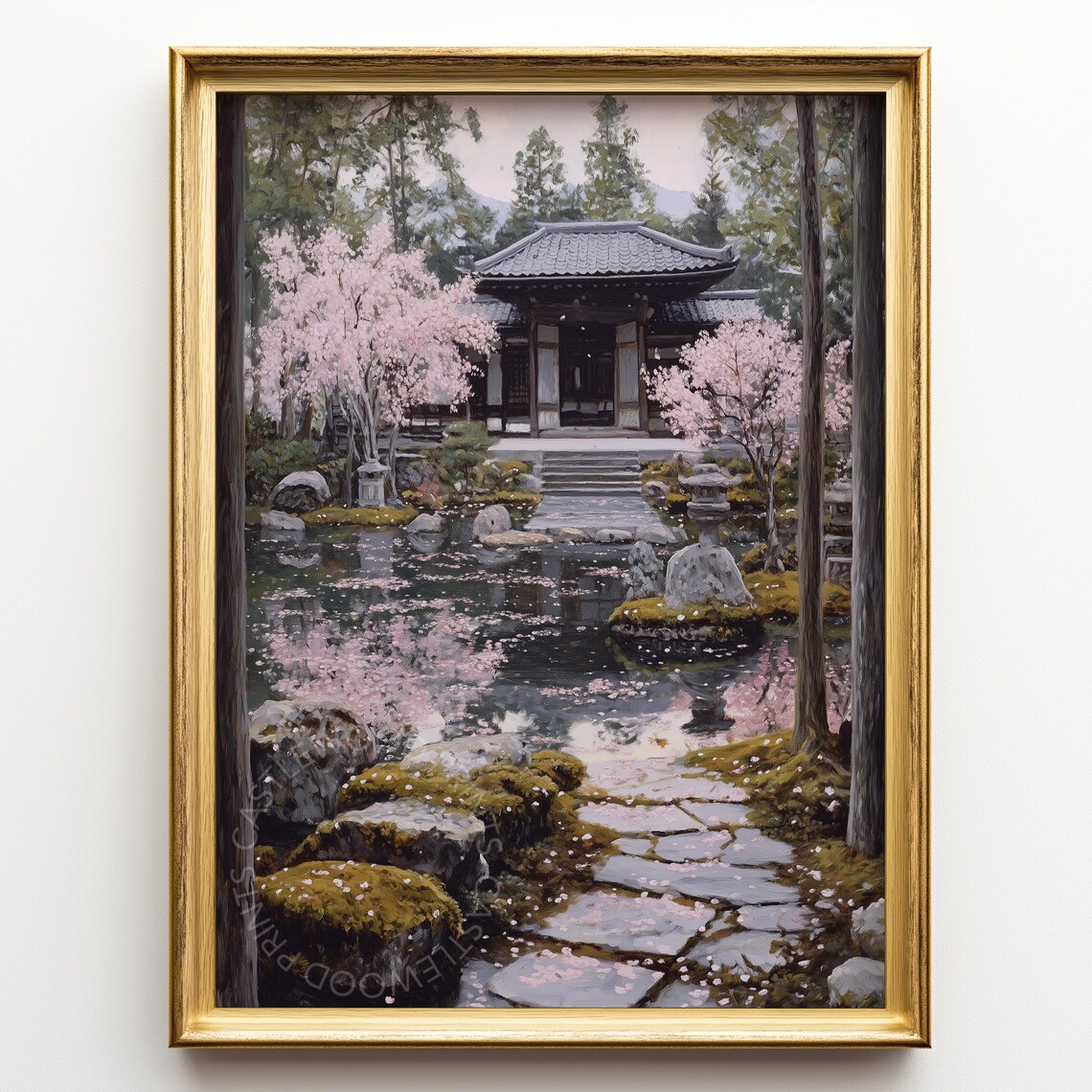 Kyoto Temple Garden Cherry Blossoms Reflecting Pond Oil Painting Poster