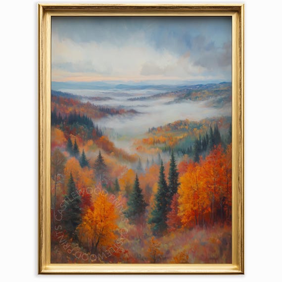 Autumn Hillside View With Fog Rustic Fall Landscape Art Wall Decor Moody Scene Painting 138