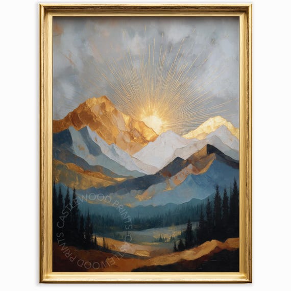 Golden Mountain Sunrise Painting Abstract Minimalist Landscape Art Majestic Scenic Wall Decor Oil 933
