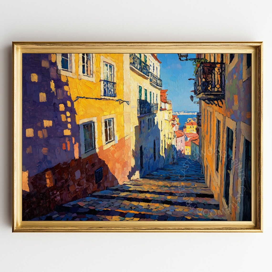 Sunlit Lisbon Alleyway Cobblestone Street European Oil Painting Poster